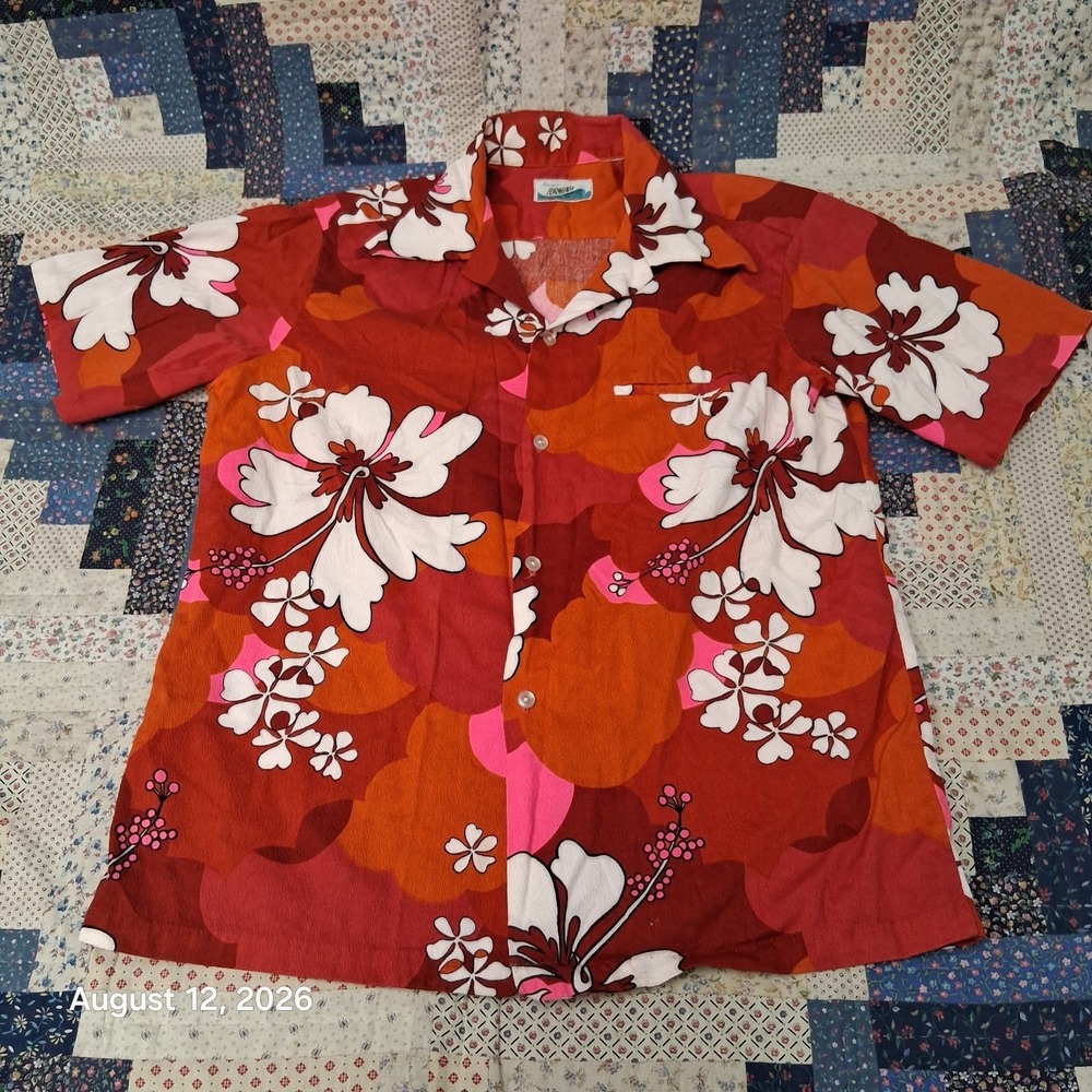 True Vintage 60s Penneys Hawaii Mens Large Red Hibiscus Barkcloth Hawaiian Camp